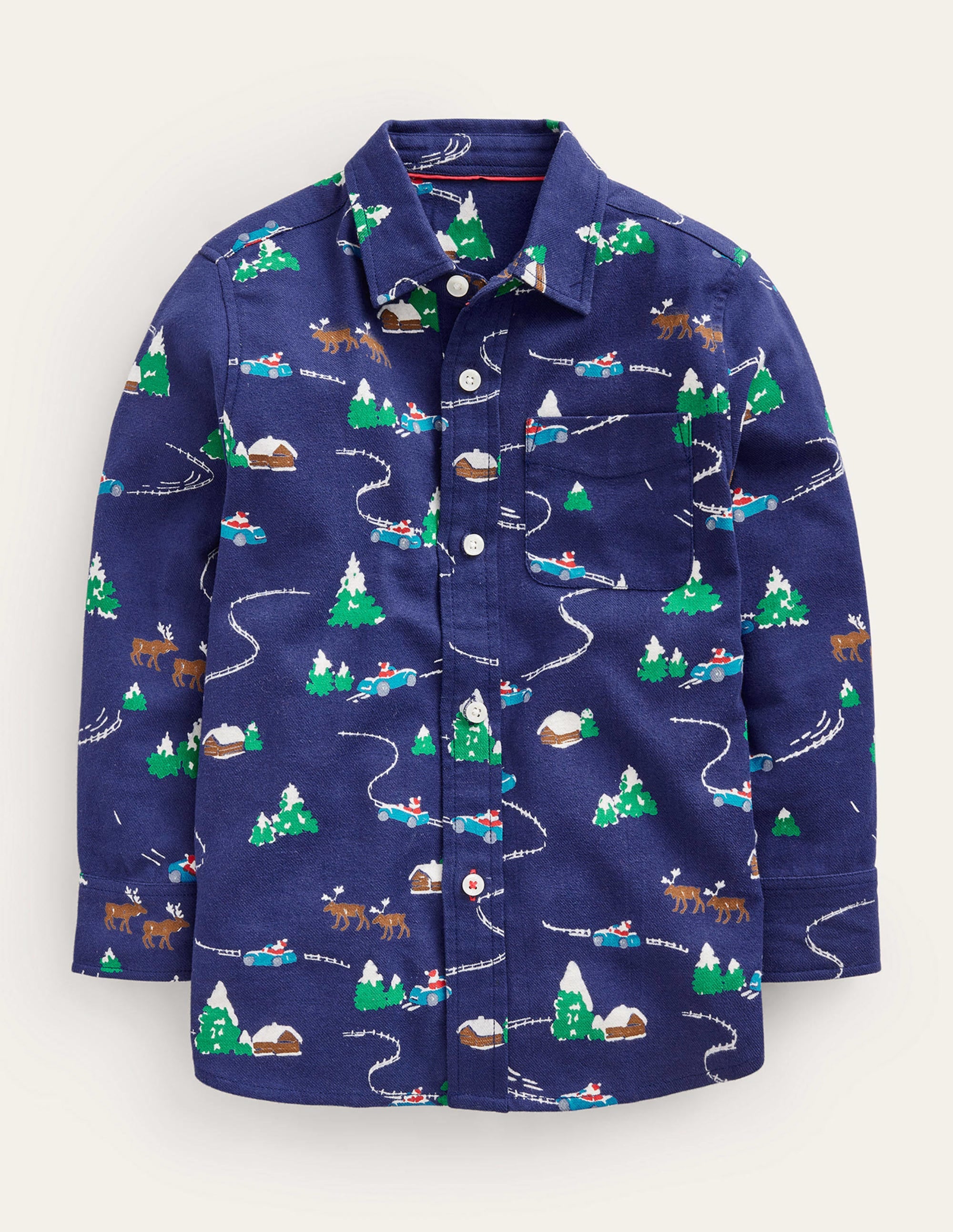 Printed Brushed Flannel Shirt-College Navy Festive Scene - Image 1