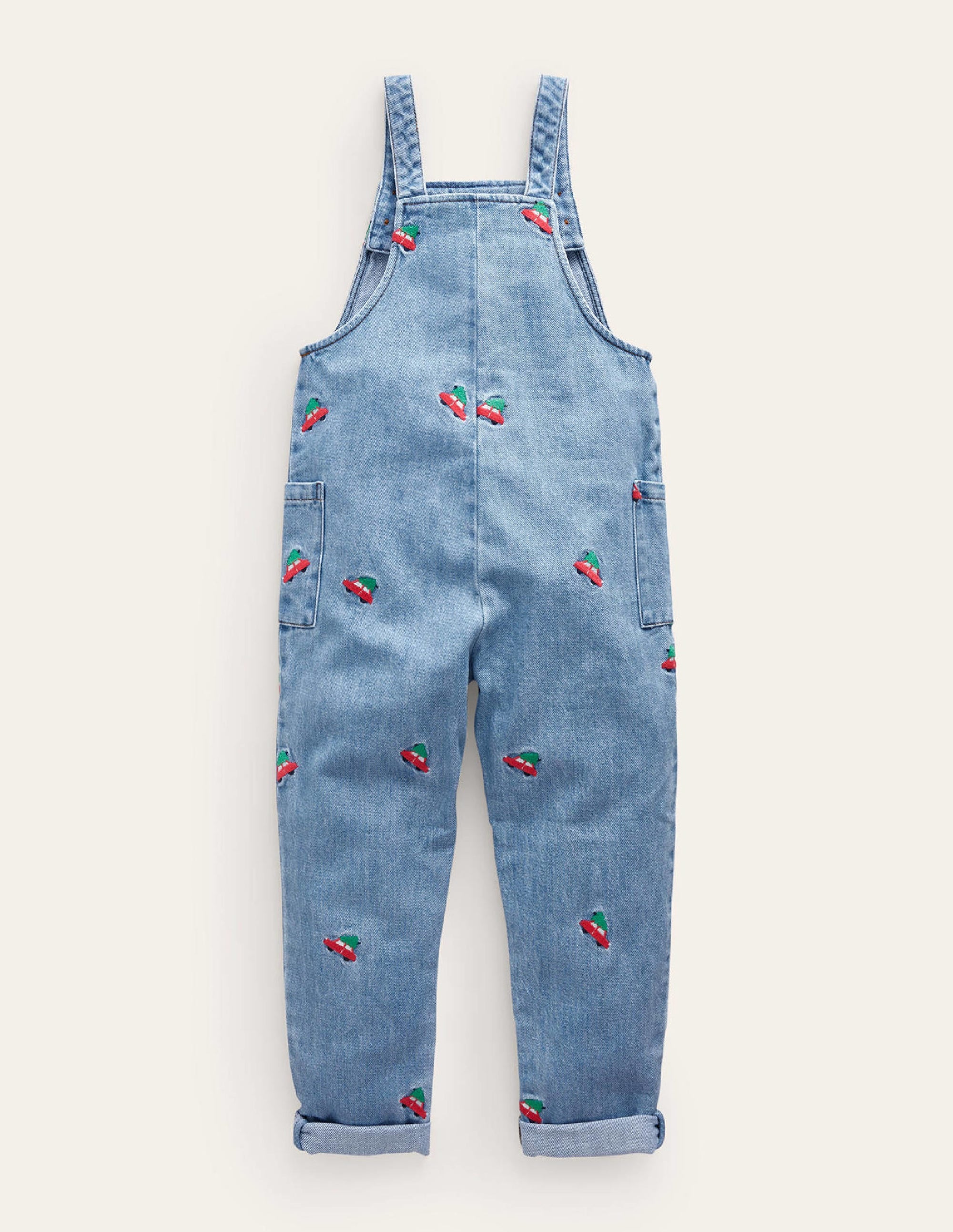 Embroidered Denim Dungarees-Red Festive Car - Image 2