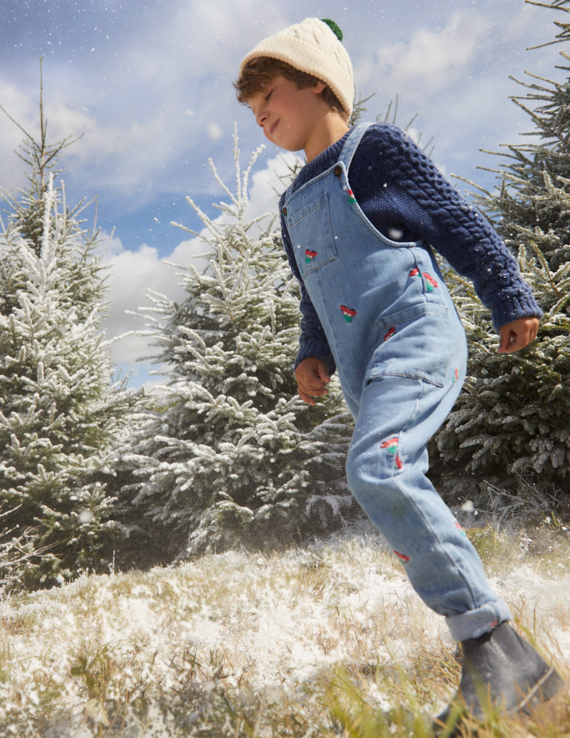 Embroidered Denim Dungarees-Red Festive Car - Image 4