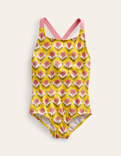 Maillot de bain imprimé croisé dans le dos-Motif Woodblock Flower maïs-1
