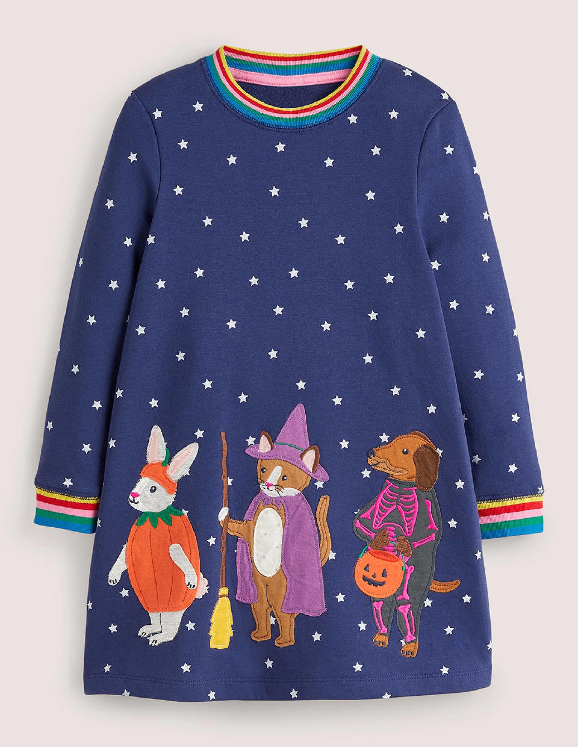 Navy Stars Halloween Sweatshirt Dress-Blau Stern Halloween Tiere-1