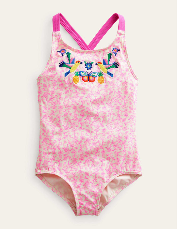 Embroidered Swimsuit-Festival Pink Summer Vine