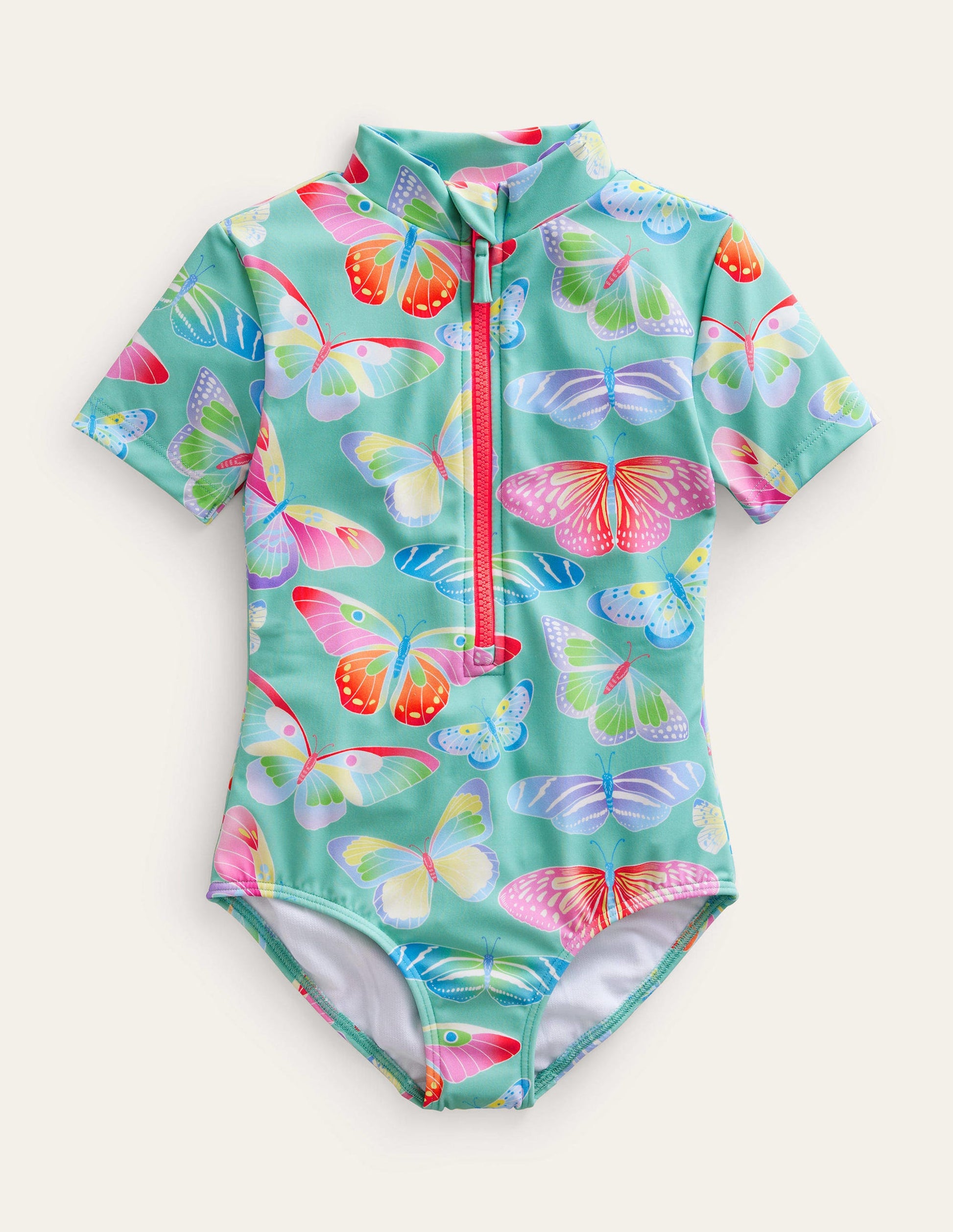 Maillot de bain à manches courtes-Papillons dégradés vert opale-1