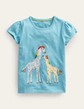 T-Shirt mit Puffärmeln und Applikation-Ritterspornblau Giraffe