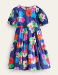 Robe tissée volumineuse-Bleu marine, motif Painterly Floral