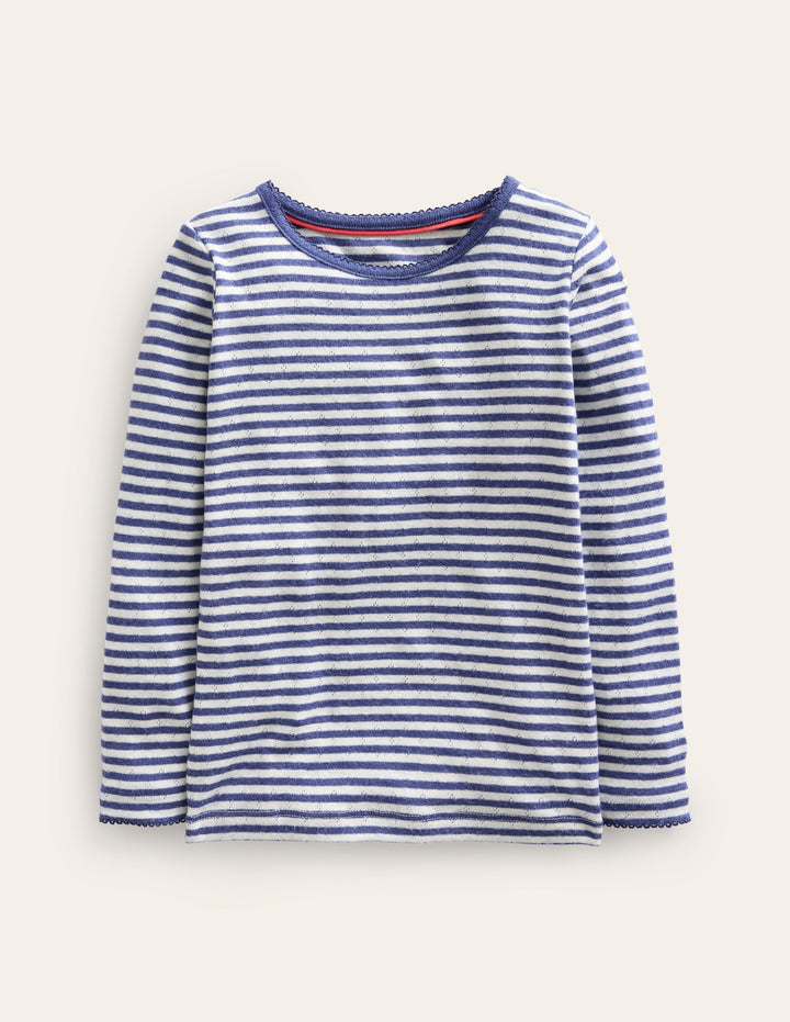Langärmeliges Oberteil mit Pointelle-Muster-Segelblau/Ecru