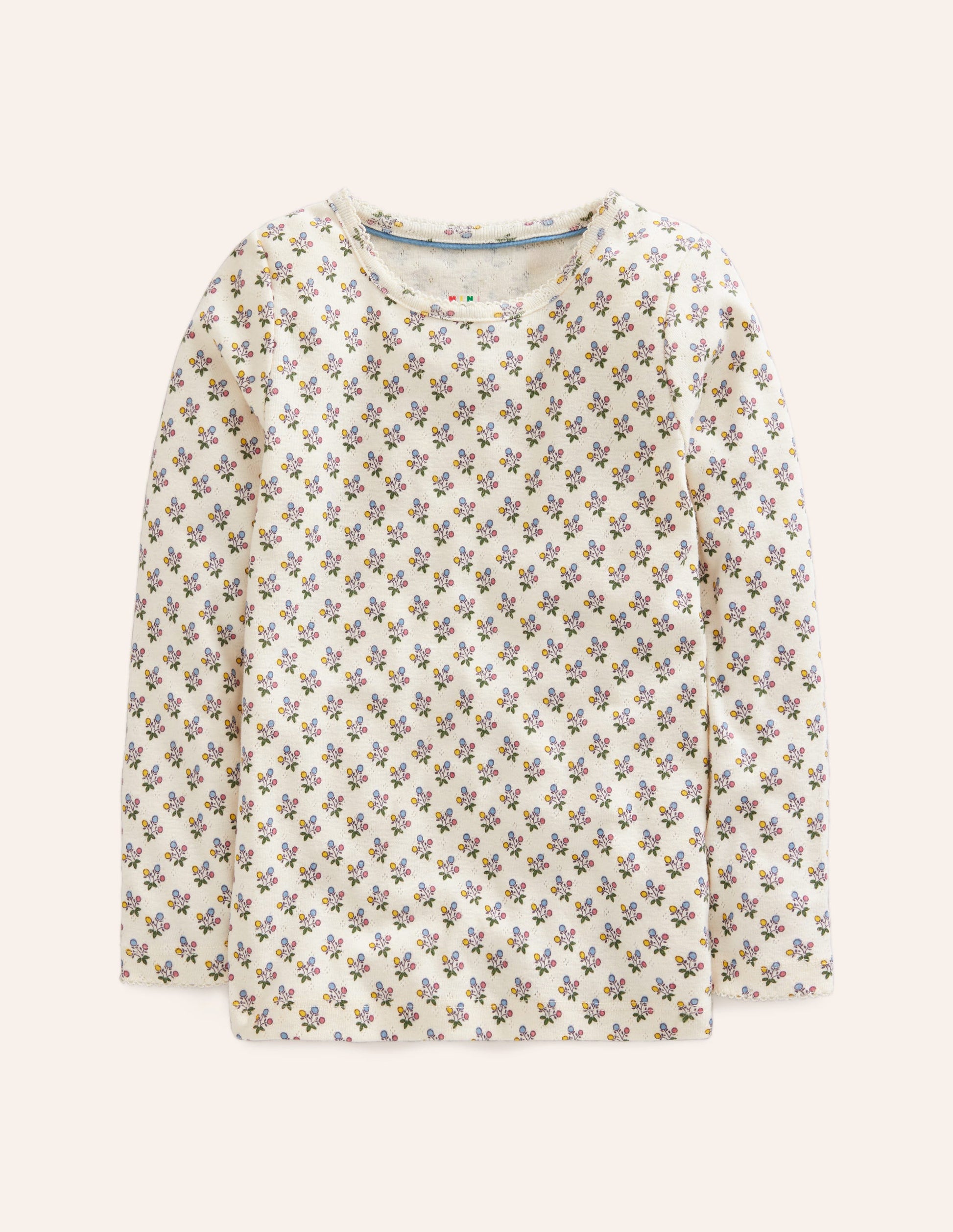 Langärmeliges Oberteil mit Pointelle-Muster-Vanilleschote/Senfgelb Floral-1