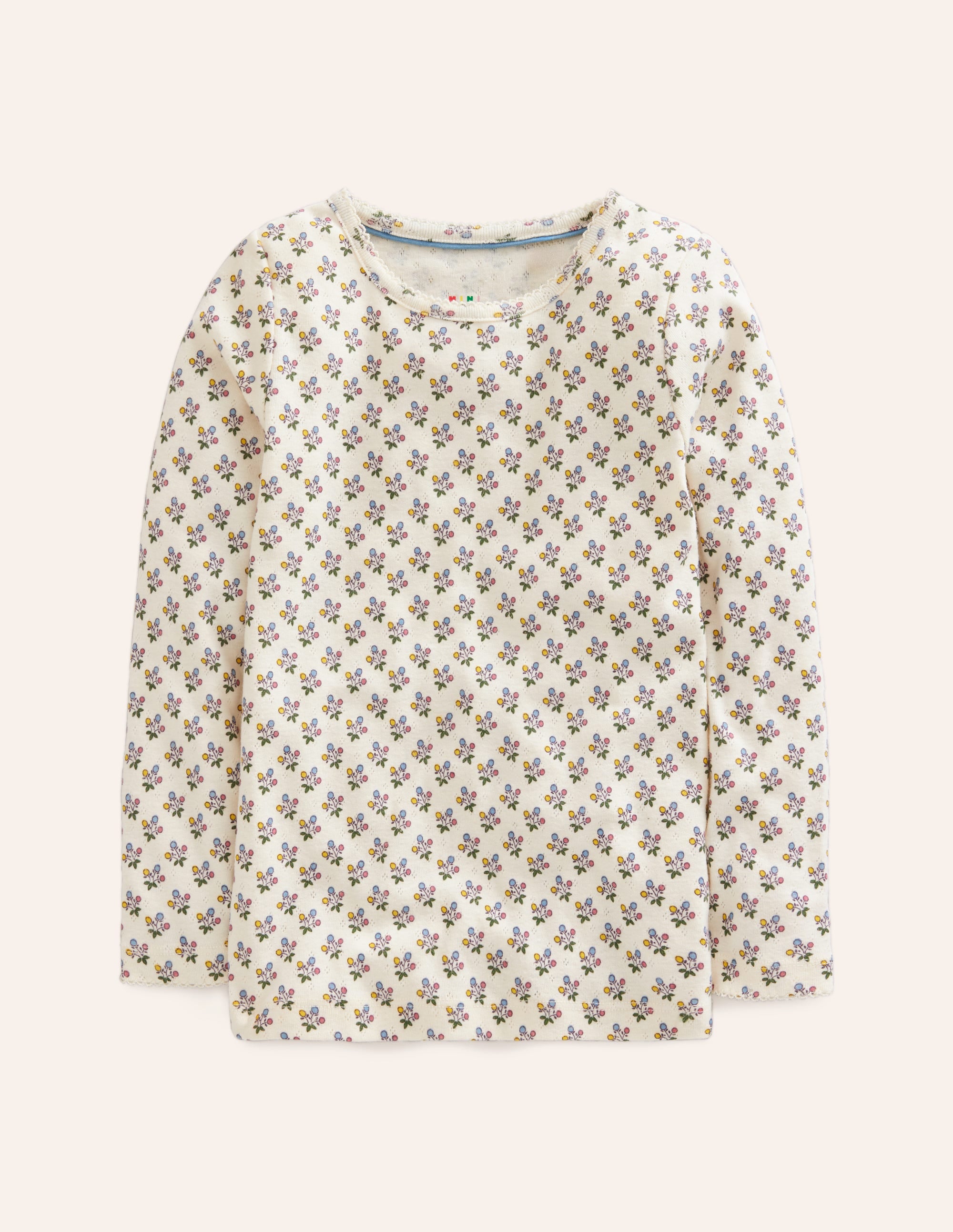 Langärmeliges Oberteil mit Pointelle-Muster-Vanilleschote/Senfgelb Floral - Image 1