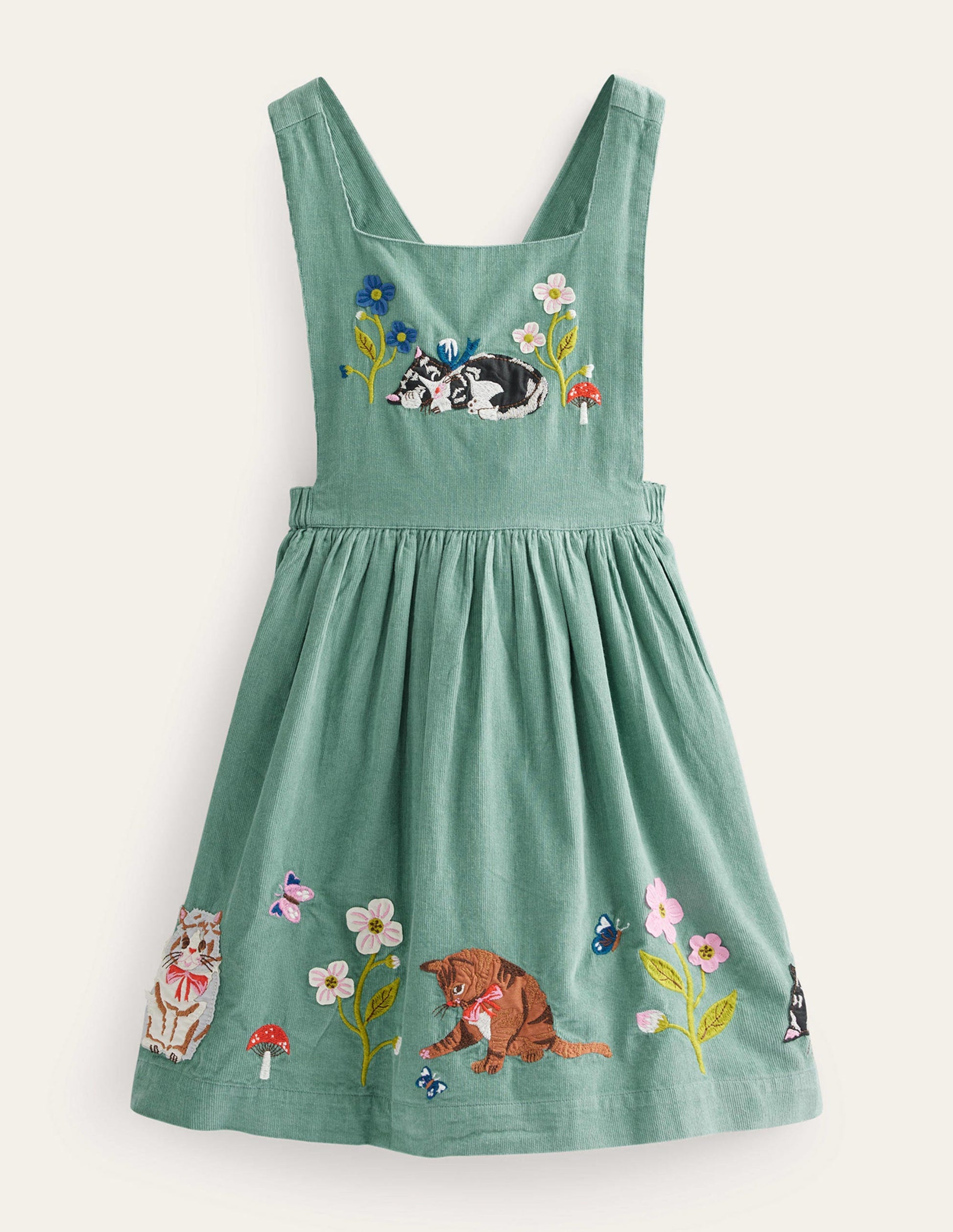 Robe chasuble en velours côtelé à appliqué-Chats vert fumée-1