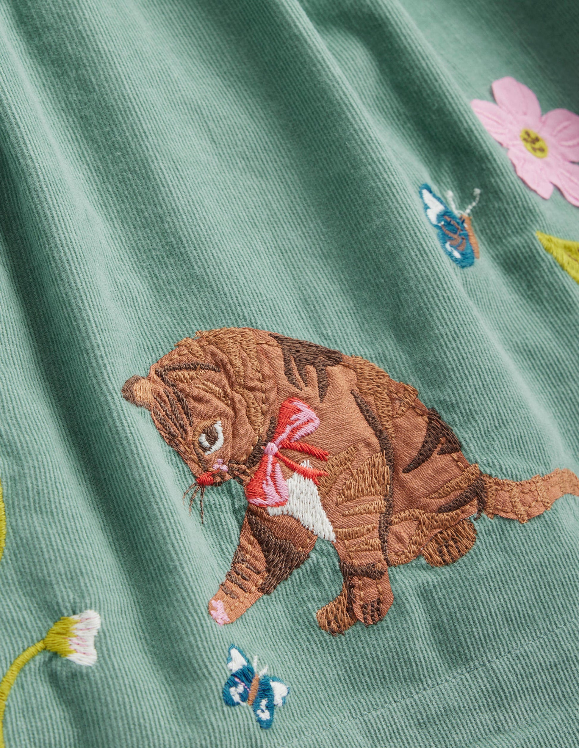 Robe chasuble en velours côtelé à appliqué-Chats vert fumée-3