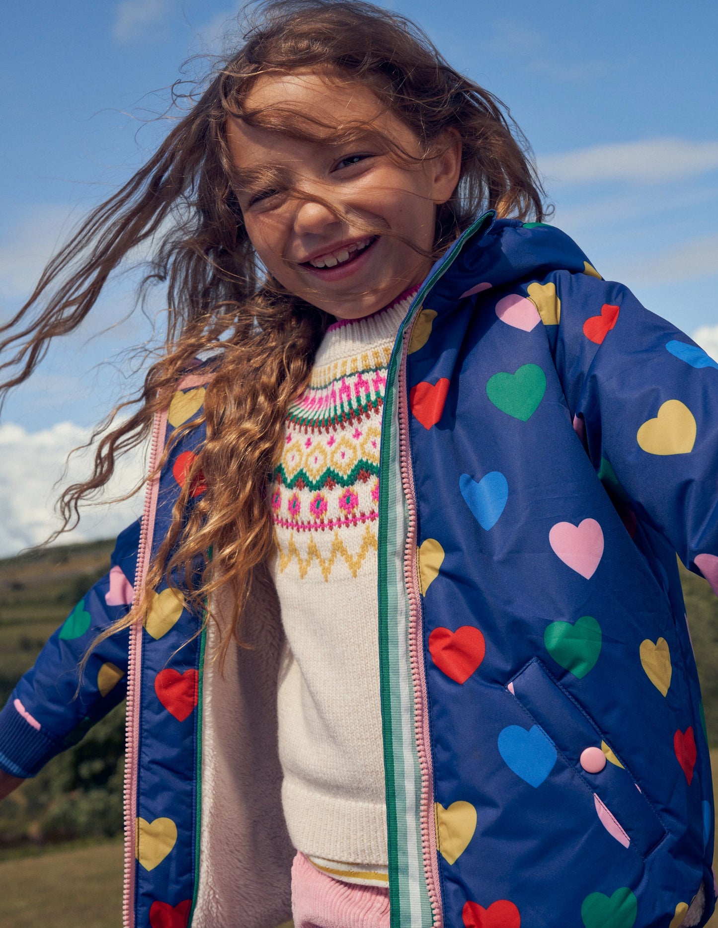 Bedruckter Anorak mit Sherpa-Futter-Marineblau Herzen