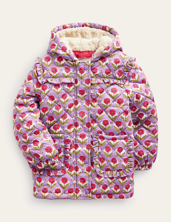 Anorak mit Muschelsteppung-Aster Lila Holzschnitt Blume