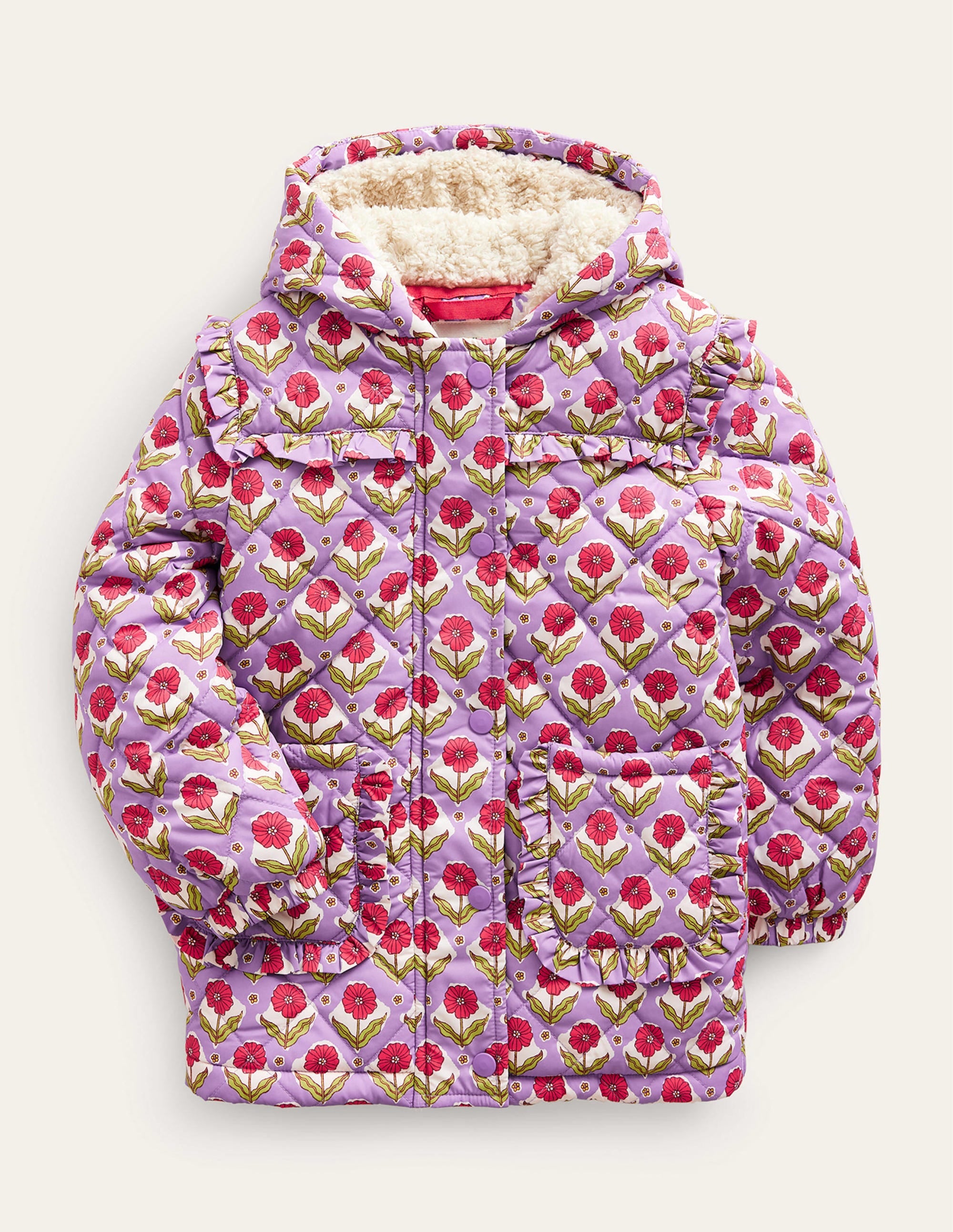 Anorak matelassée & festonné-Violet aster motif Woodblock Flower - Image 1