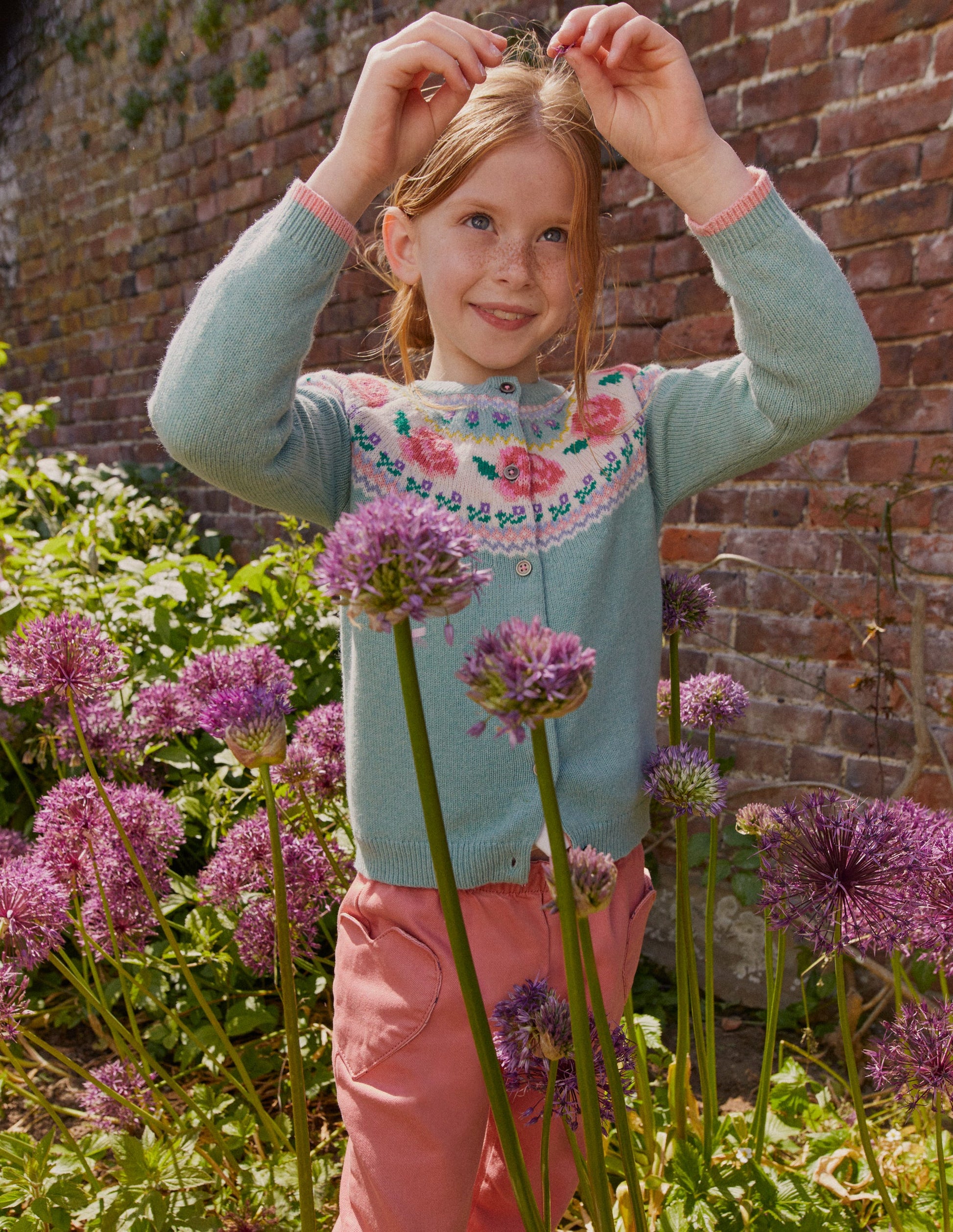 Lustige Fair-Isle-Strickjacke-Rauchgrün Blumen-4