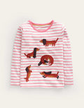 T-shirt à manches bouffantes et appliqué-Chiens rose/ivoire