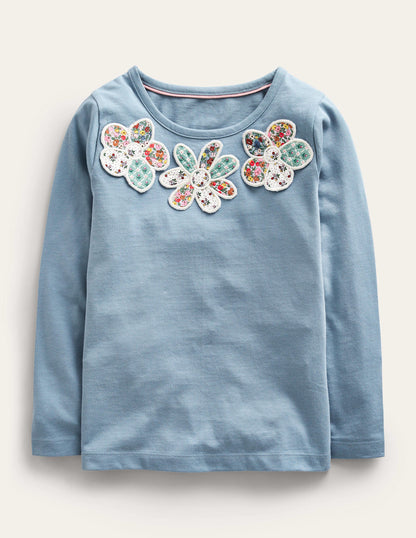 T-Shirt mit 3D-Applikation-Kiesblau Blumen