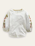 Embroidered Puff Sleeve Top-Ivory