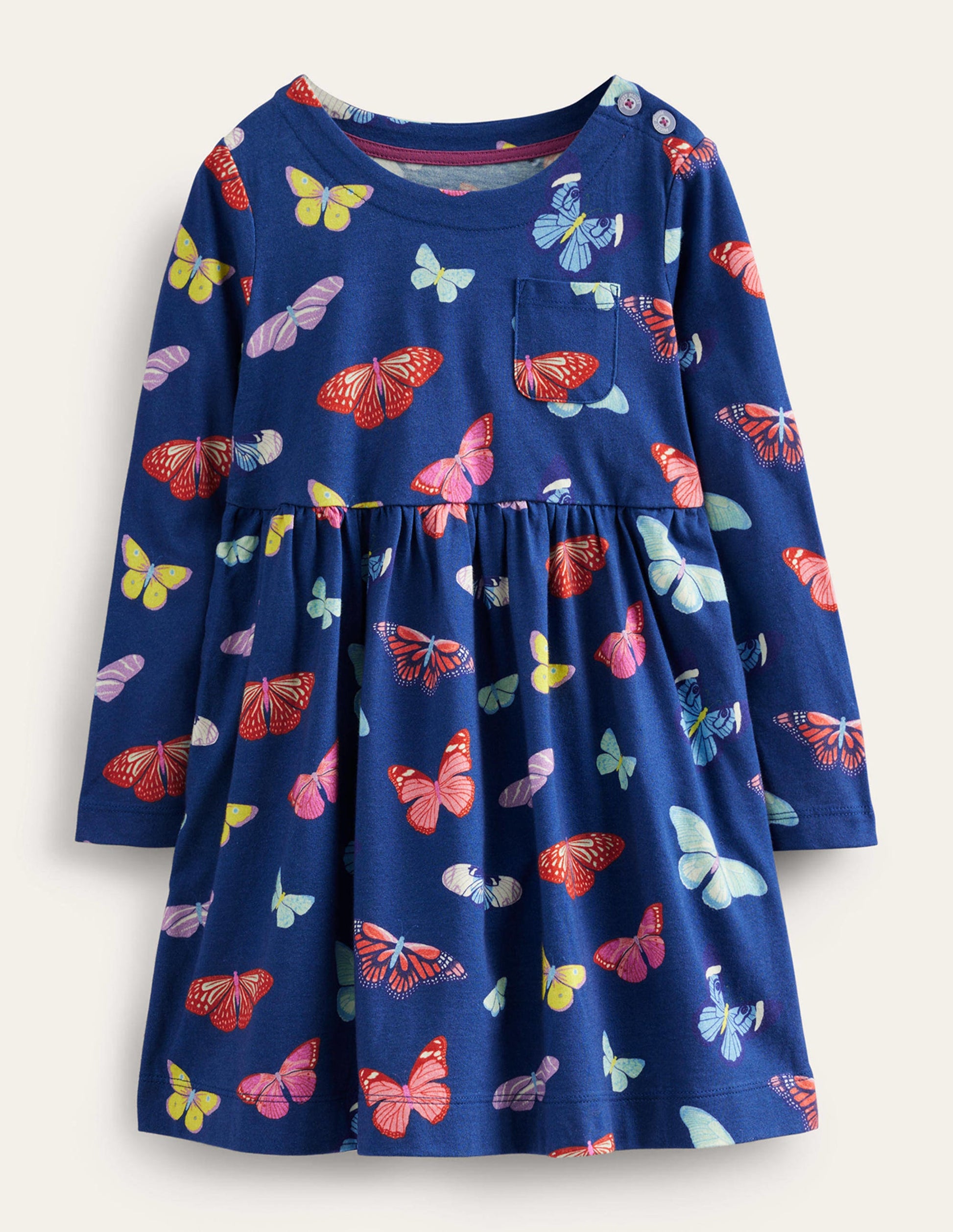 Lustiges Jerseykleid mit langen Ärmeln-Schuluniform-Marineblau Schmetterlinge-1