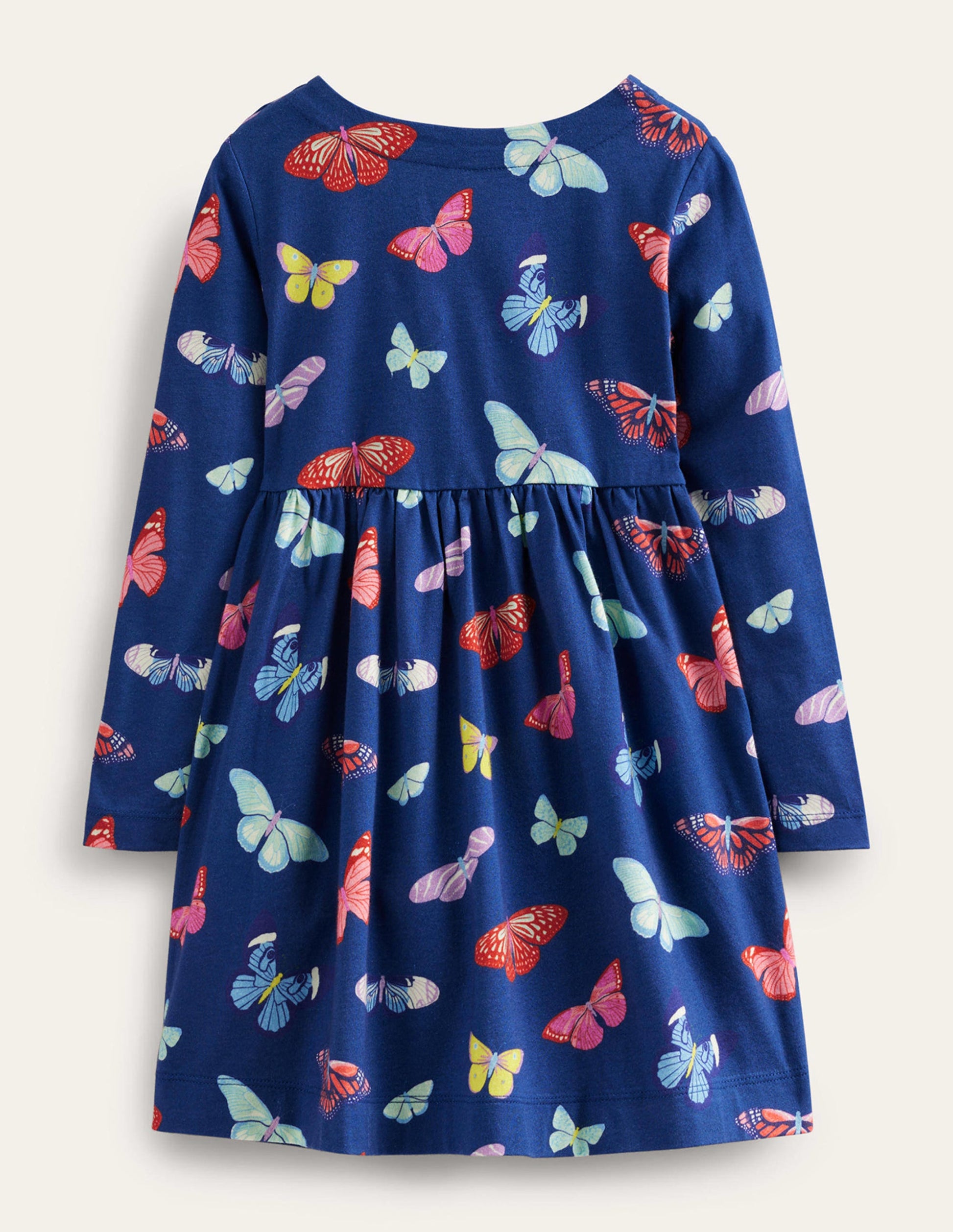 Lustiges Jerseykleid mit langen Ärmeln-Schuluniform-Marineblau Schmetterlinge-2