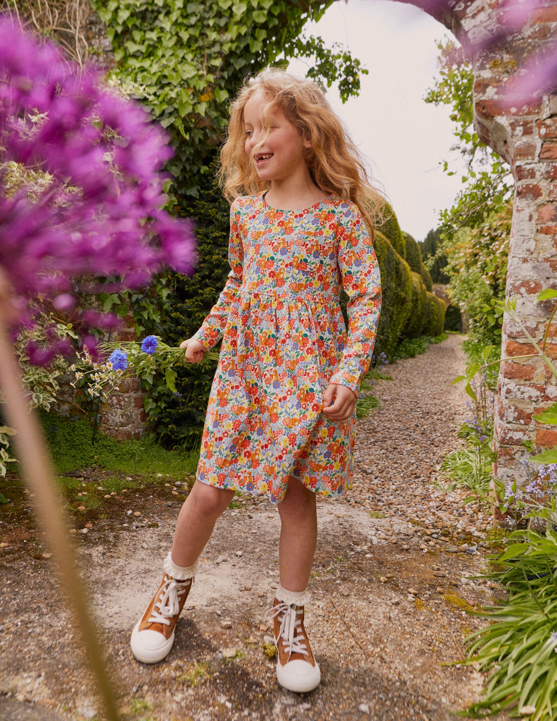 Lustiges Jerseykleid mit langen Ärmeln-Bunte Blumen Welpen-4