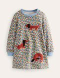 Robe-sweat à appliqué-Chien fleur bleu galet