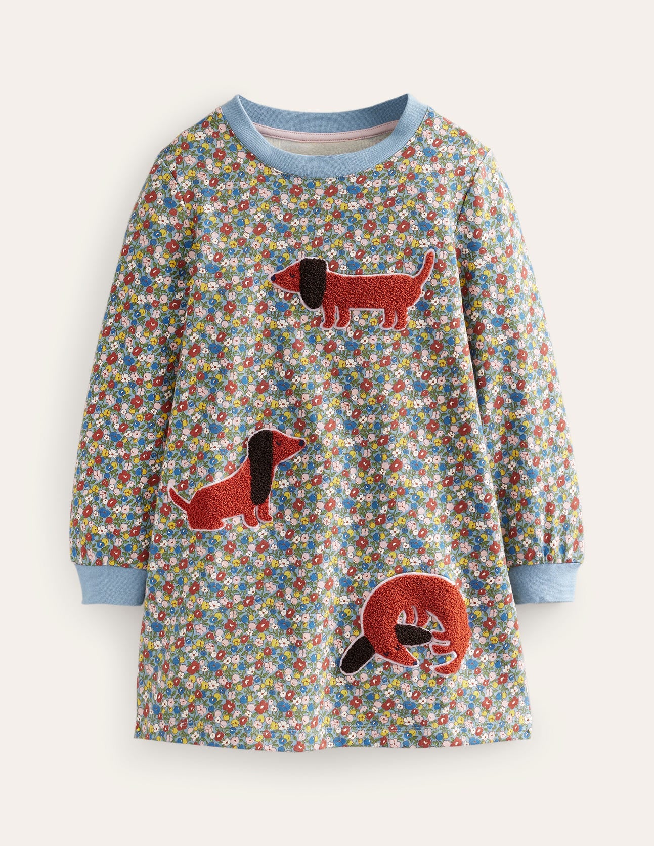 Robe-sweat à appliqué-Chien fleur bleu galet-1