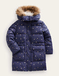 Longline Padded Coat-Navy Foil Stars