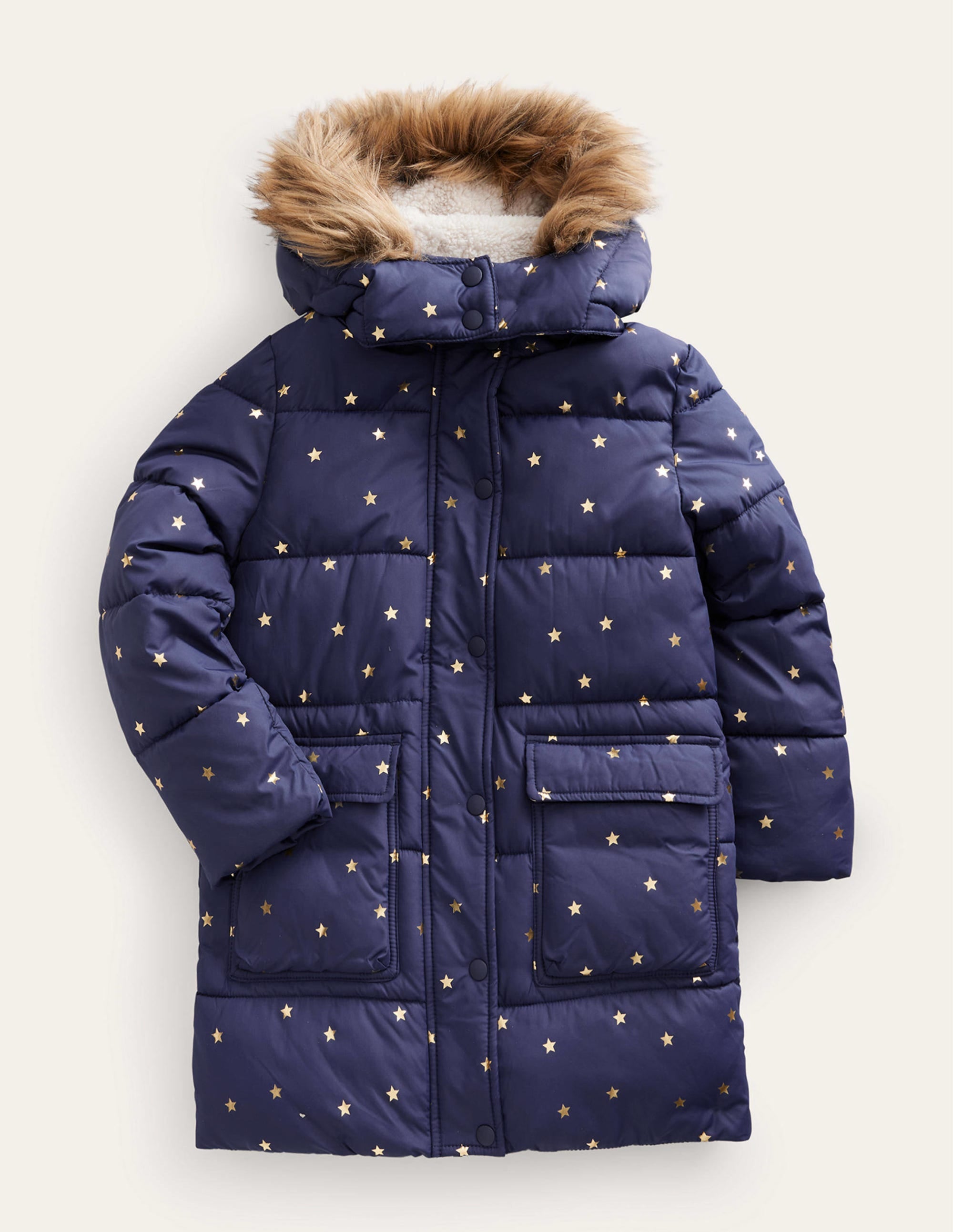 Longline Padded Coat-Navy Foil Stars - Image 1