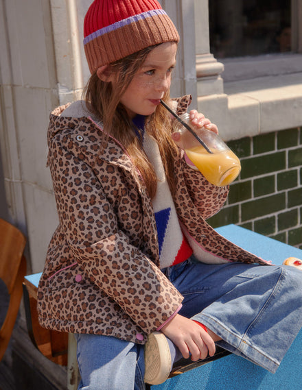 Anorak mit Sherpa-Futter-Nussbraun Leopardendruck