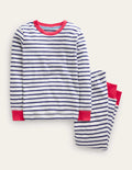Pyjama long douillet à rayures-Marinière ivoire/bleu marine