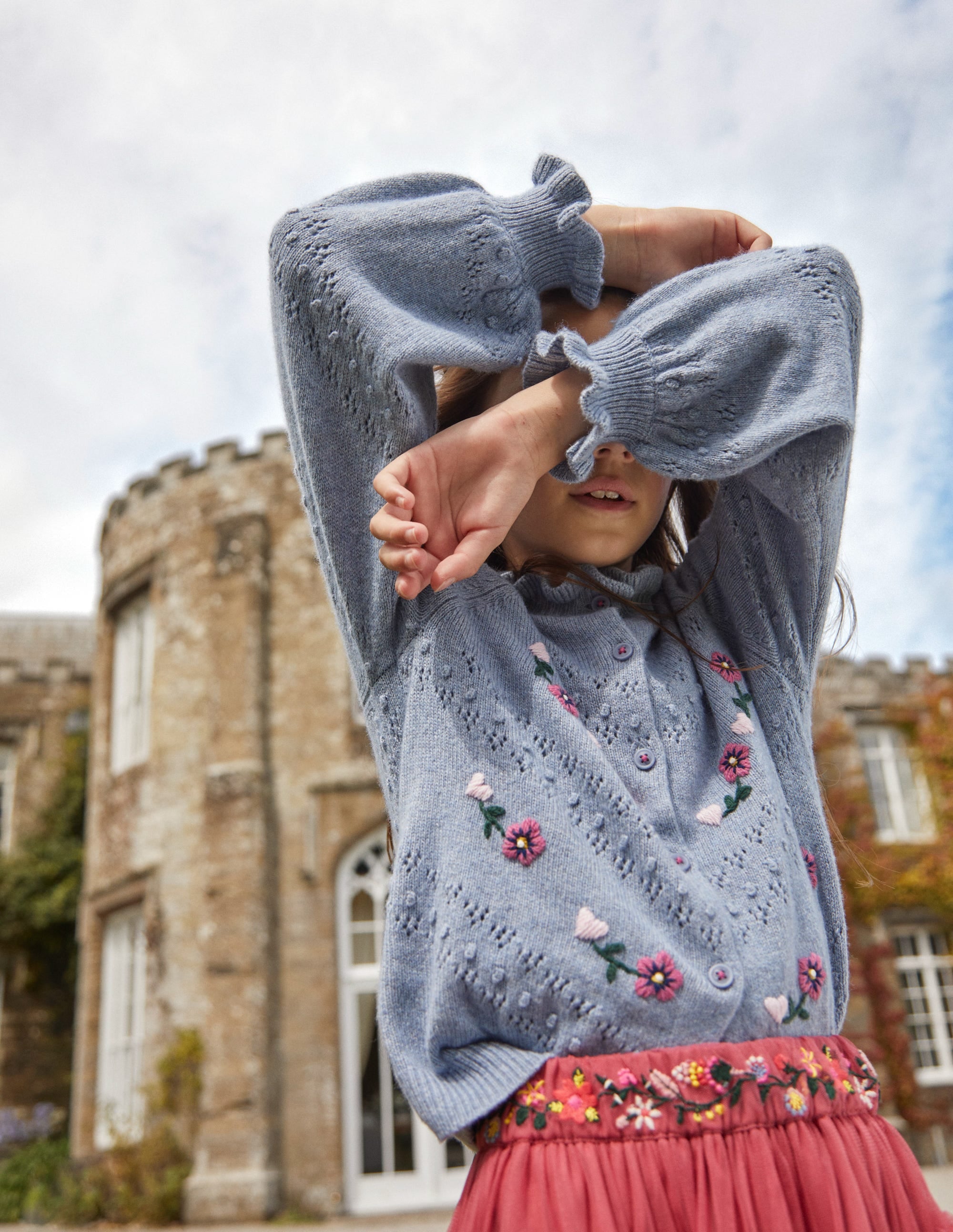 Embroidered Frill Cardigan-Pebble Blue - Image 4