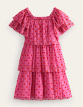Gestuftes Tüllkleid-Erdbeerrosa Herzen