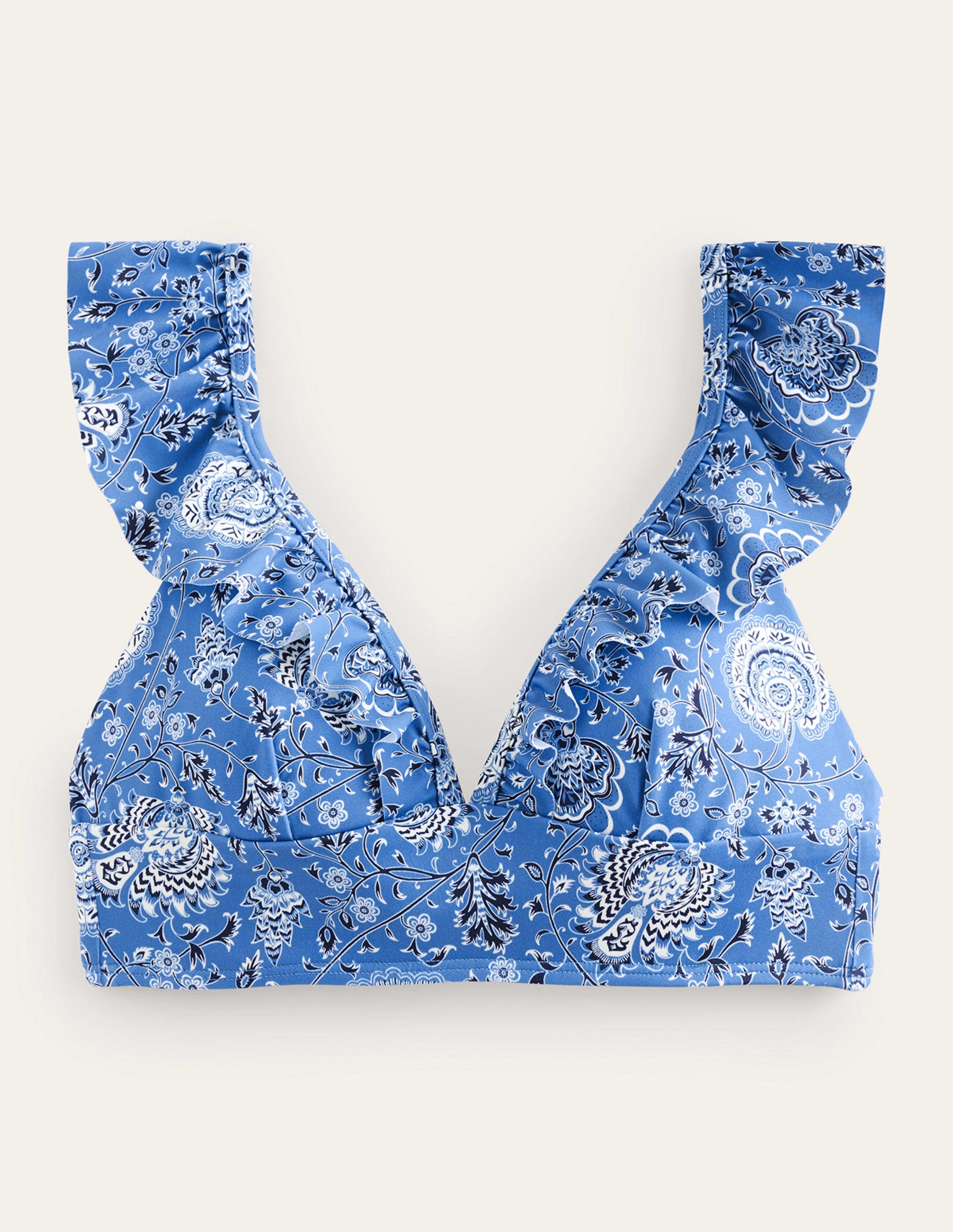 Haut de bikini col V Palermo à volant-Azur, motif Gardenia Grove - Image 5