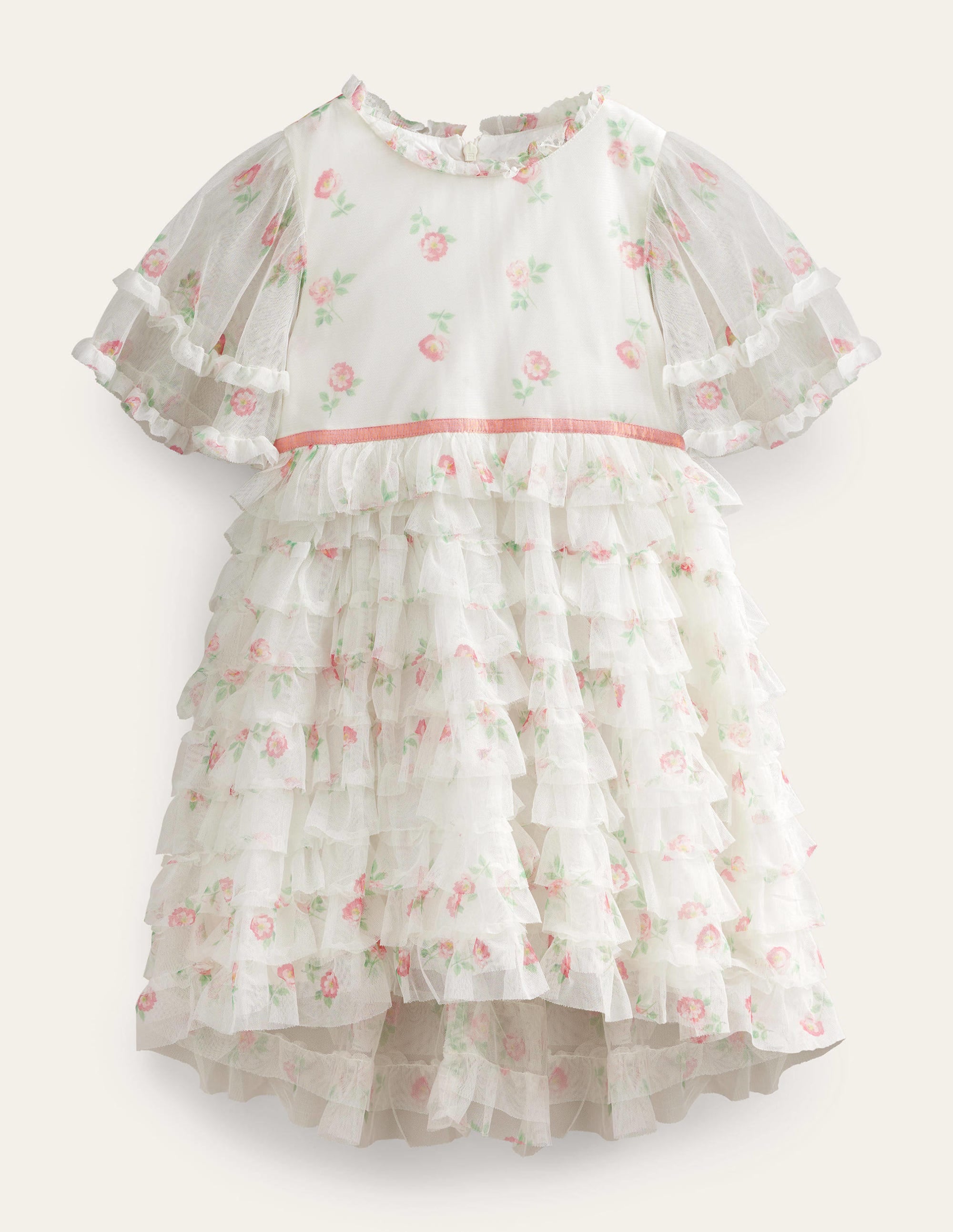 Gerüschtes Tüllkleid mit abfallendem Saum-Naturweiß, Kleines Vintage-Blumenmuster - Image 1