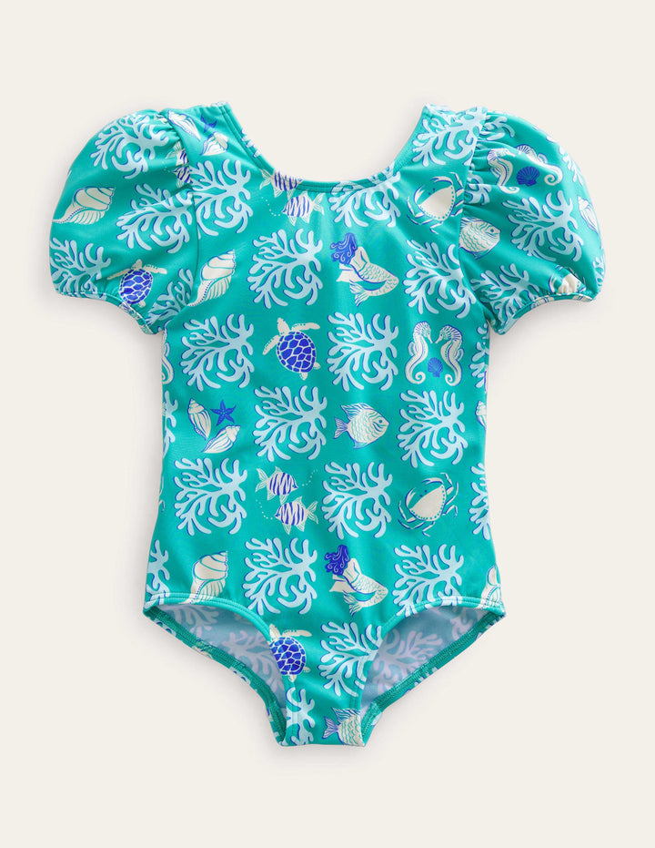 Printed Puff-sleeved Swimsuit-Tropical Spring Lagoon