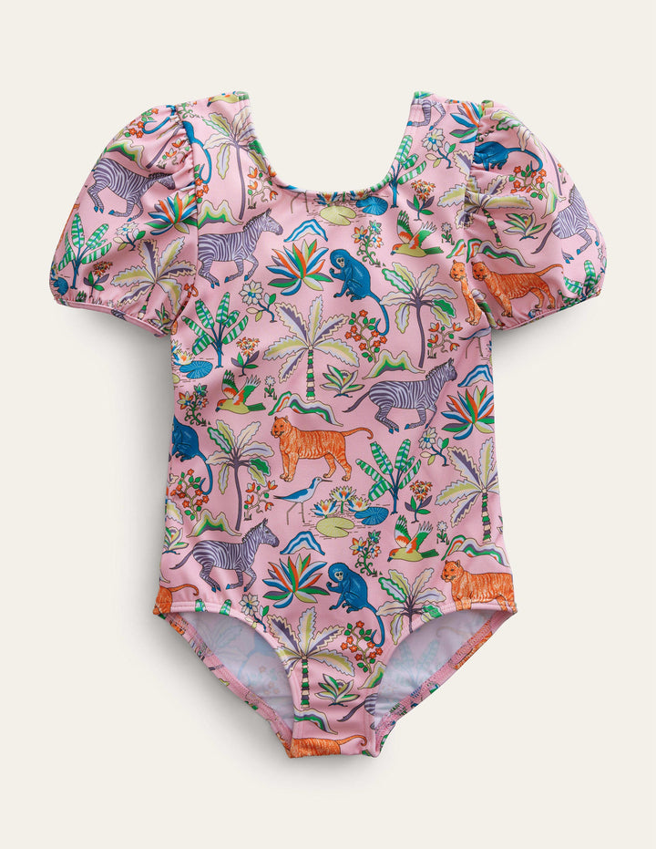 Printed Puff-sleeved Swimsuit-Cameo Pink Tropical Garden