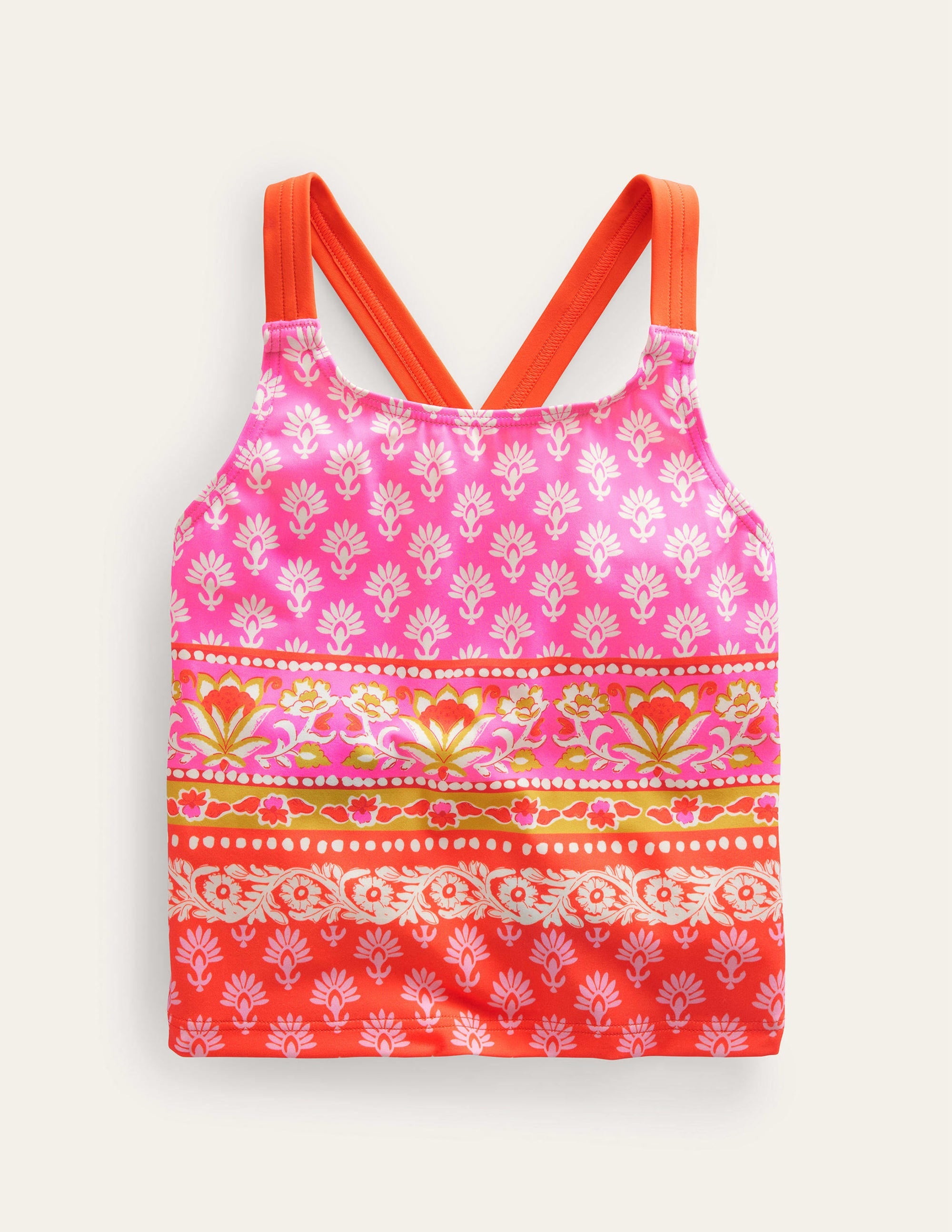 Tankini-Oberteil mit gekreuzten Rückenträgern-Orangerot, Holzschnittmuster - Image 1