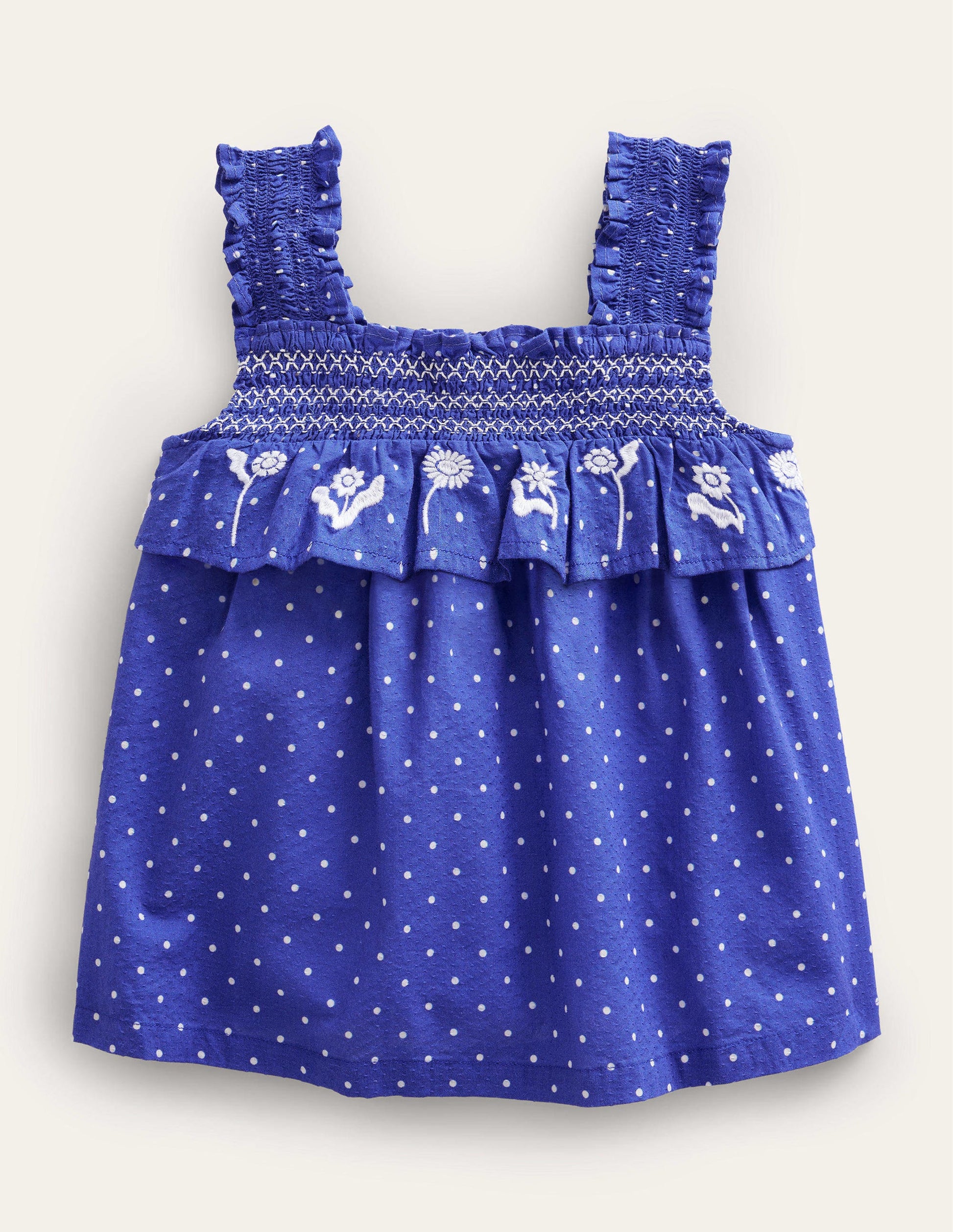 Gerafftes Oberteil mit Stickerei-Stahlblau/Naturweiß, Pünktchen-1