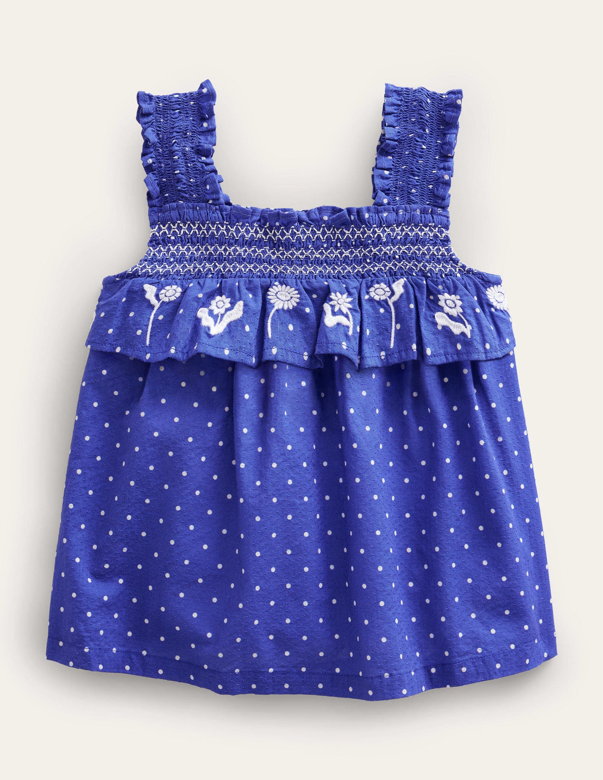 Gerafftes Oberteil mit Stickerei-Stahlblau/Naturweiß, Pünktchen - Image 1