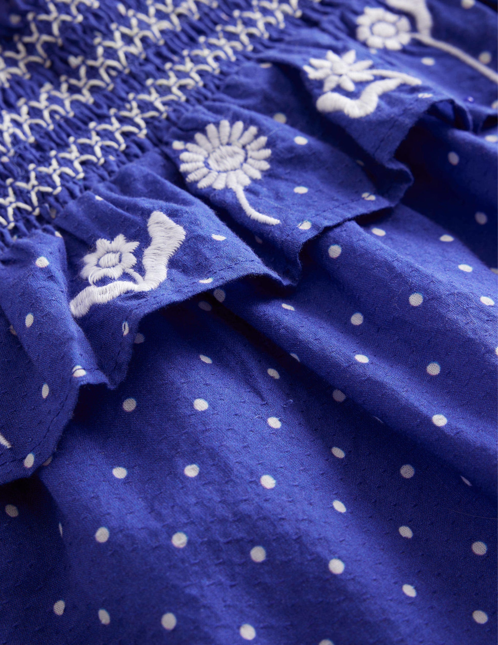 Gerafftes Oberteil mit Stickerei-Stahlblau/Naturweiß, Pünktchen-2