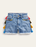 Denim-Shorts mit Quasten-Helles Vintageblau, Gewaschen