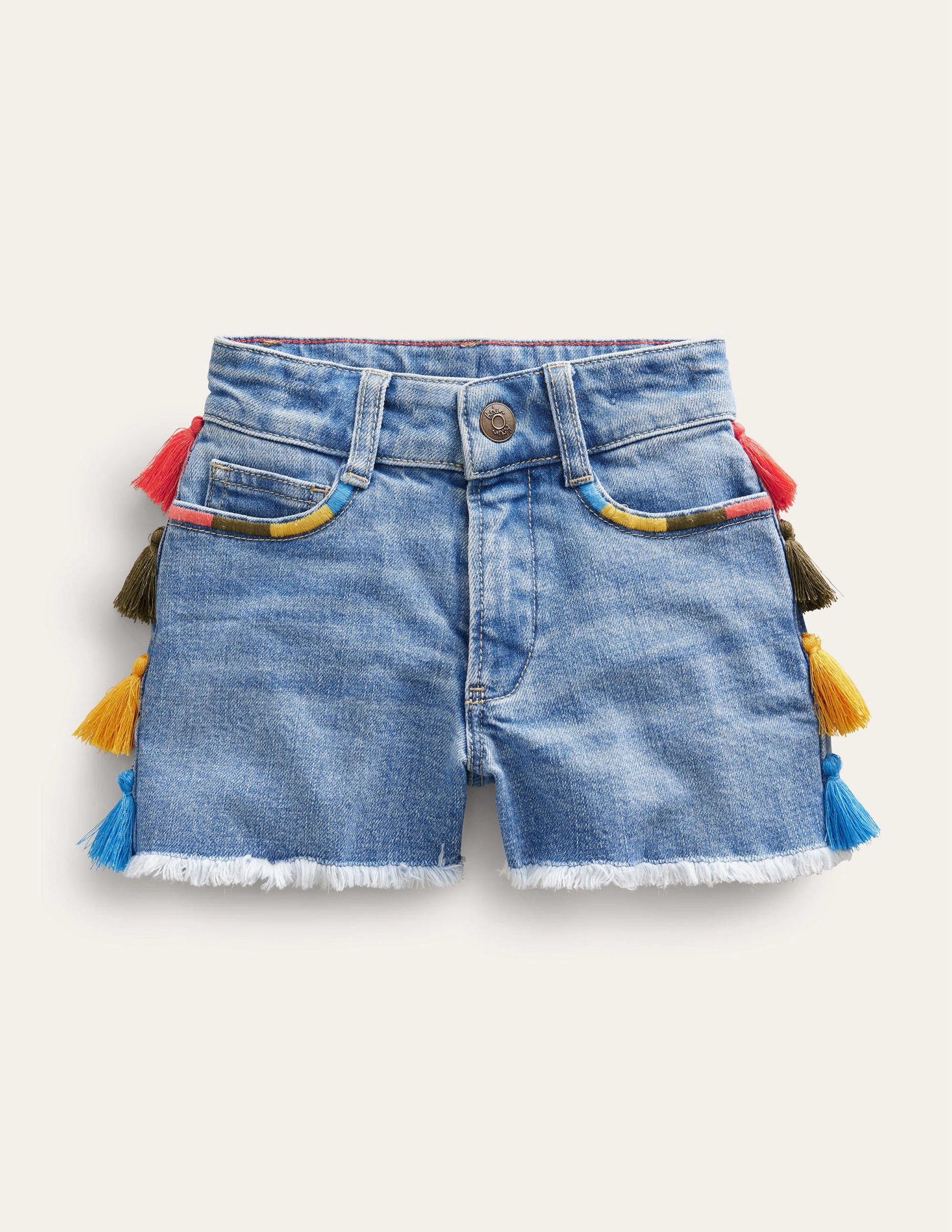 Denim-Shorts mit Quasten-Helles Vintageblau, Gewaschen-1