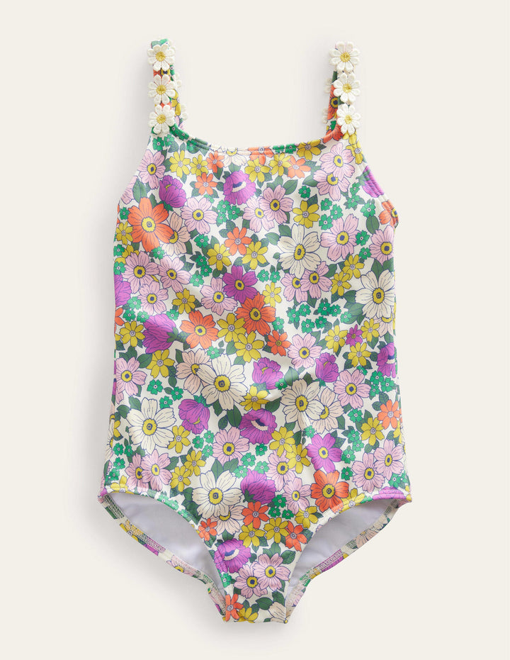 Daisy Strap Swimsuit-Ivory & Radiant Orchid Floral