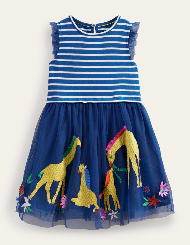 Tulle Mix Appliqué Dress-Sapphire & Vanilla Stripe