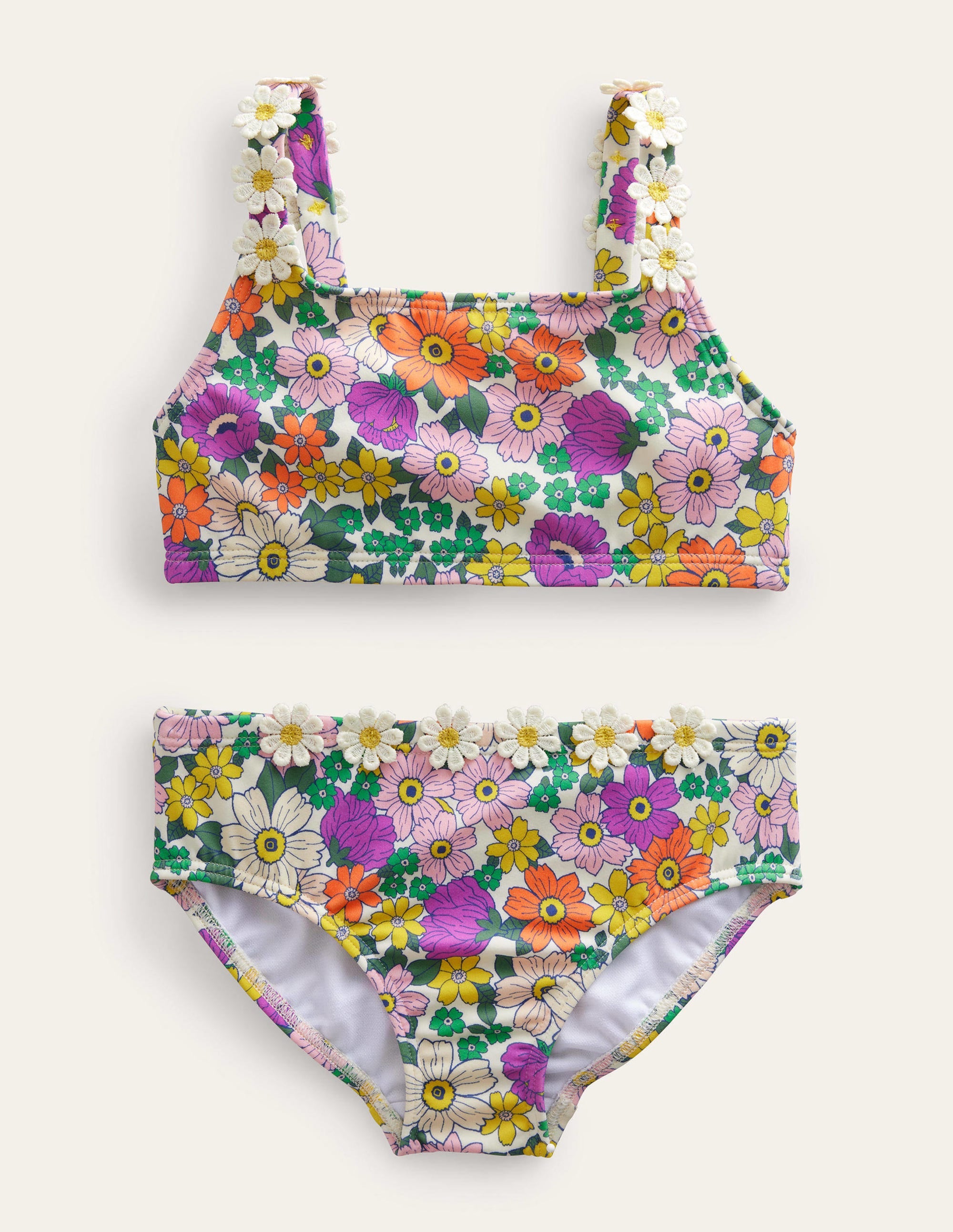 Bikini mit Gänseblümchenträgern-Naturweiß/Strahlendes Orchideenviolett, Blumenmuster - Image 1