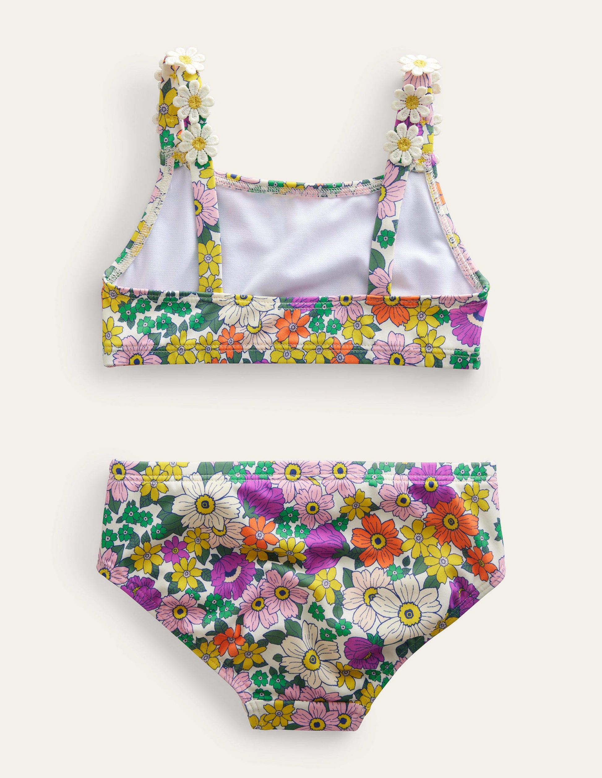 Bikini mit Gänseblümchenträgern-Naturweiß/Strahlendes Orchideenviolett, Blumenmuster-2