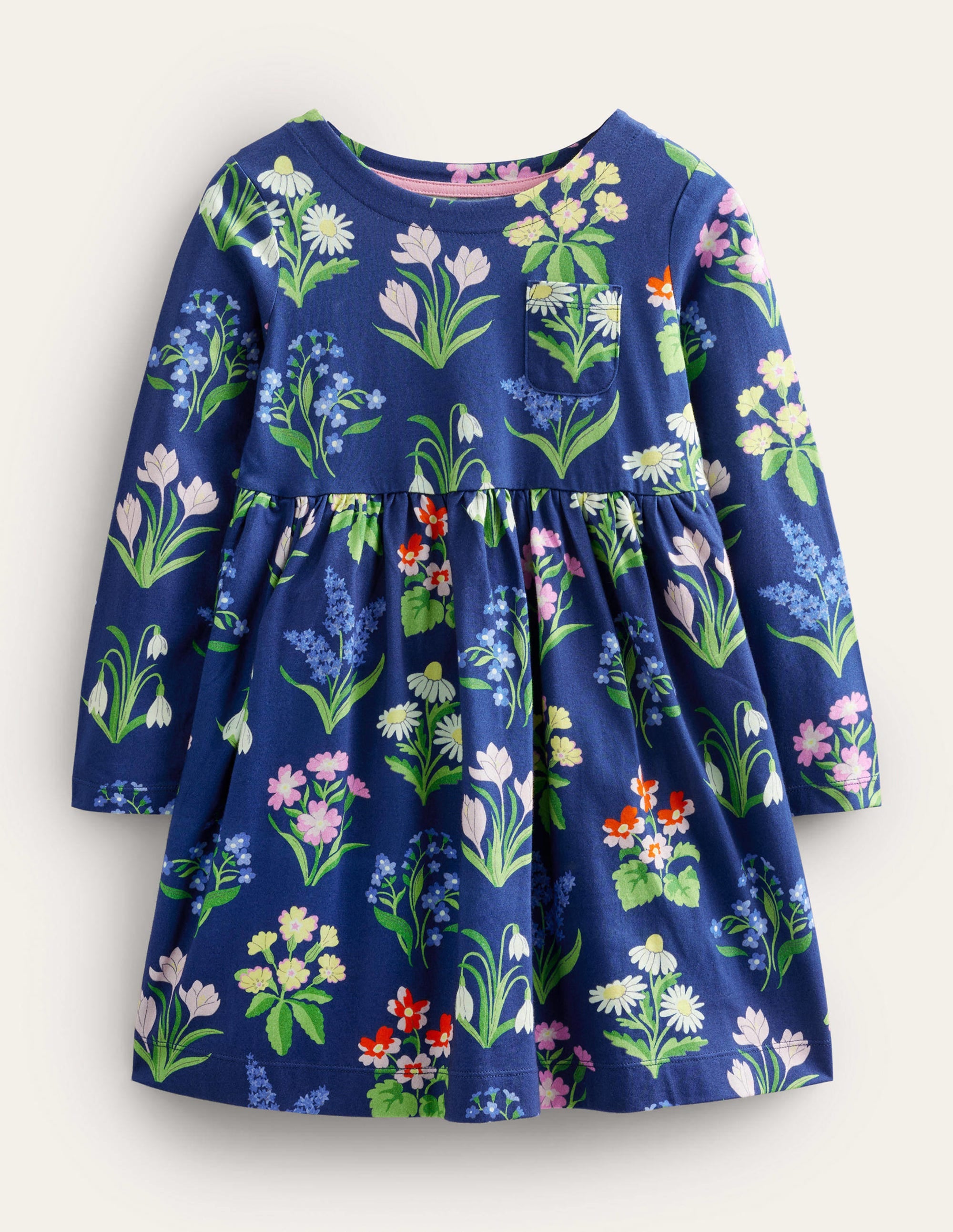 Fröhliches Jerseykleid mit langen Ärmeln-Schuluniform-Navy, Wildblumen - Image 1