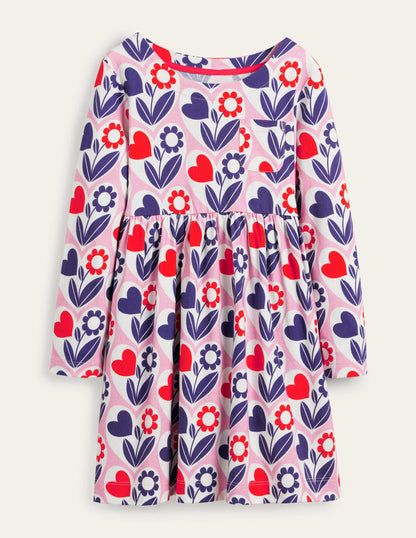 Fröhliches Jerseykleid mit langen Ärmeln-Hellrosa, Blumen-Herzen-1