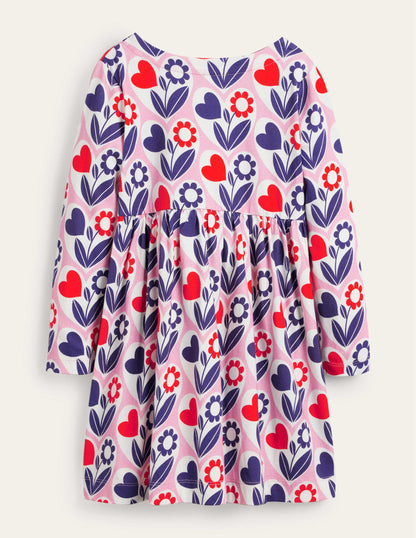 Fröhliches Jerseykleid mit langen Ärmeln-Hellrosa, Blumen-Herzen-2