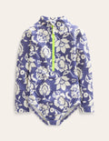 Langärmeliger Badeanzug-Sanftes Segelblau, Blumenmuster